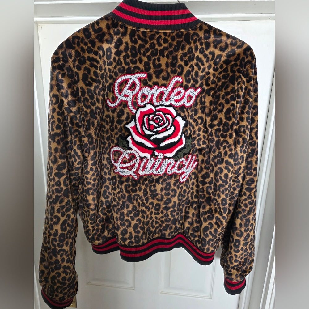 New w/o Tags Rodeo Quincy Leopard Bomber Soft Jacket with Red Rose Patch Large - Picture 4 of 6